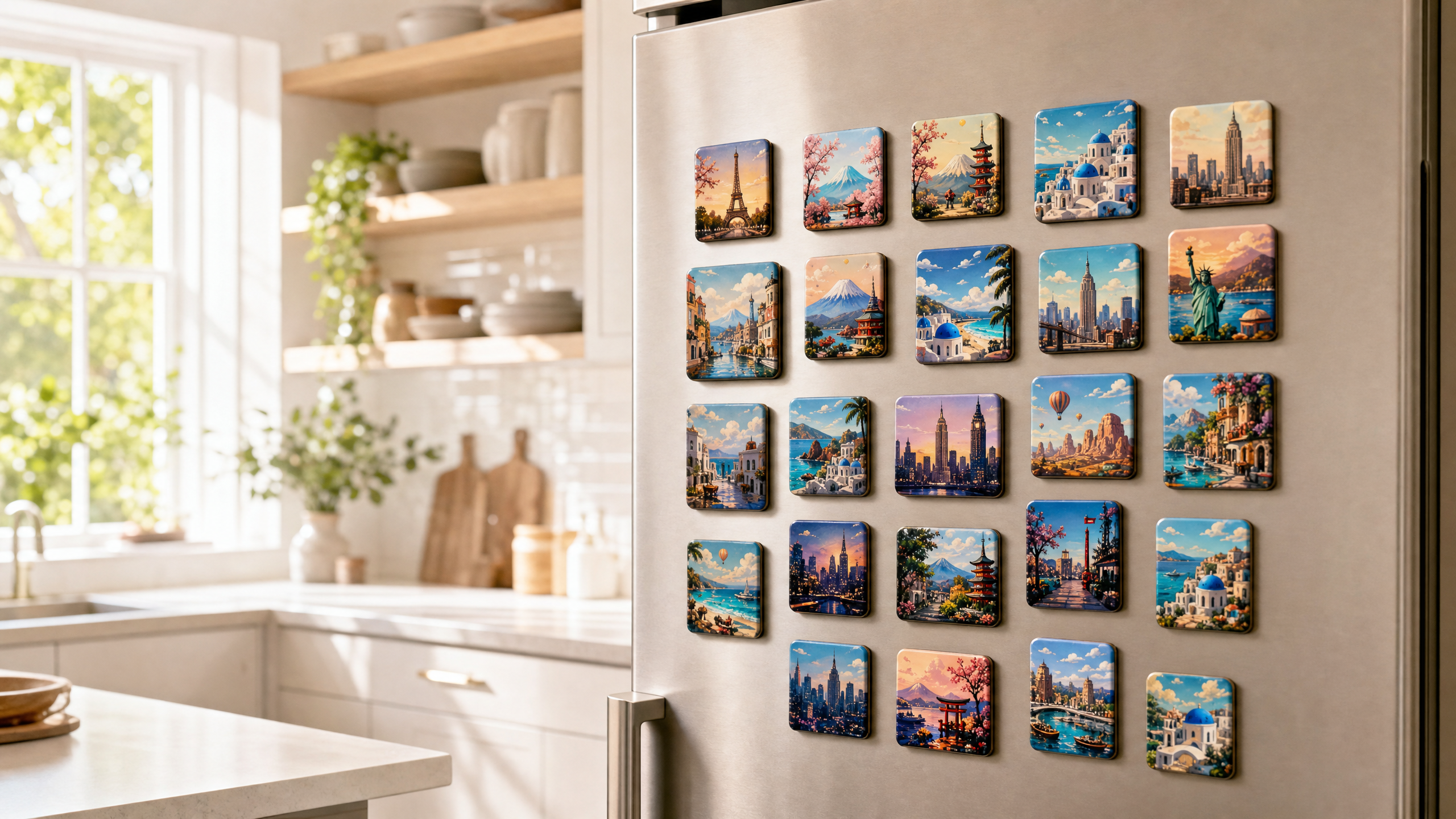 Memory Wall with 3D art magnets on a fridge
