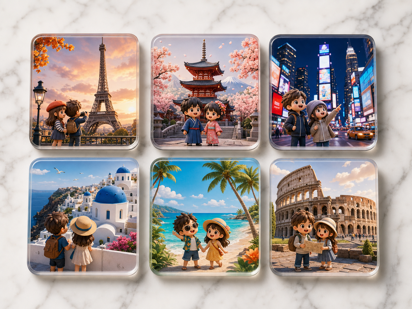 6 premium 3D art magnets on marble surface